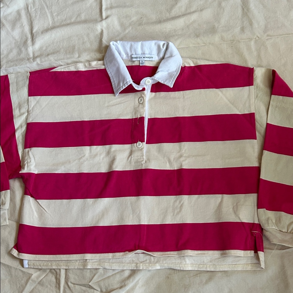 Rebecca Minkoff Pink and Cream Striped Rugby Polo